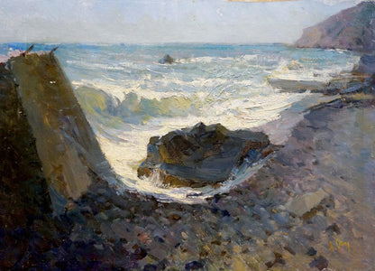 Oil painting by Osipov Alexander Yakovlevich: weathered seawall on rocky shore