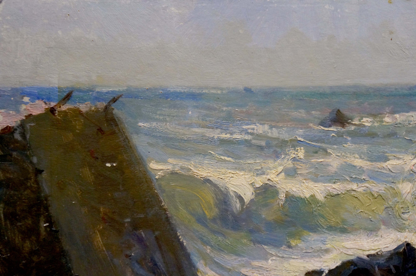 Oil painting Seascape by Osipov Alexander Yakovlevich, turbulent waves on breakwaters