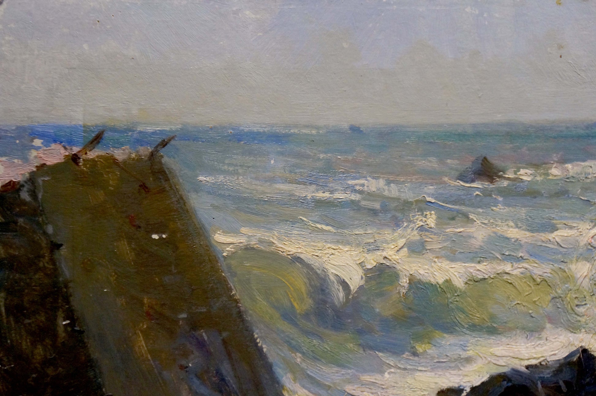Oil painting Seascape by Osipov Alexander Yakovlevich, turbulent waves on breakwaters