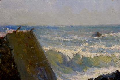 Oil painting Seascape by Osipov Alexander Yakovlevich, turbulent waves on breakwaters