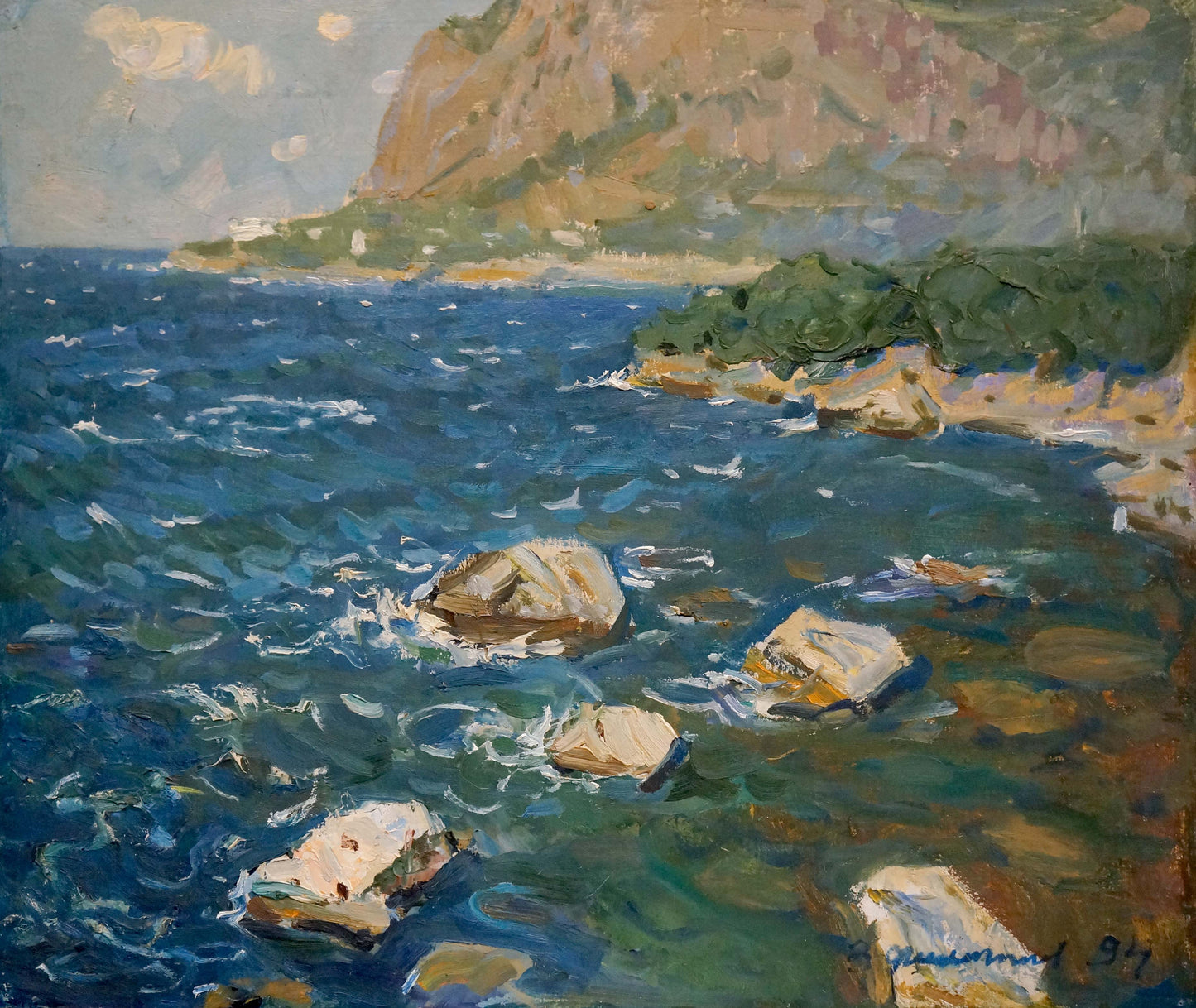 Oil painting Rocky shore by Filippov Z.I.: choppy blue waters, rocks, rugged hillside