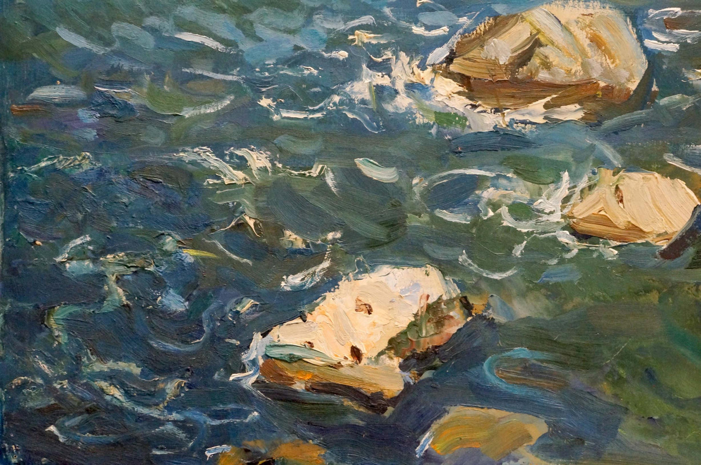 Oil painting Rocky shore Filippov Z.I.: beige tan rocks in blue-green water