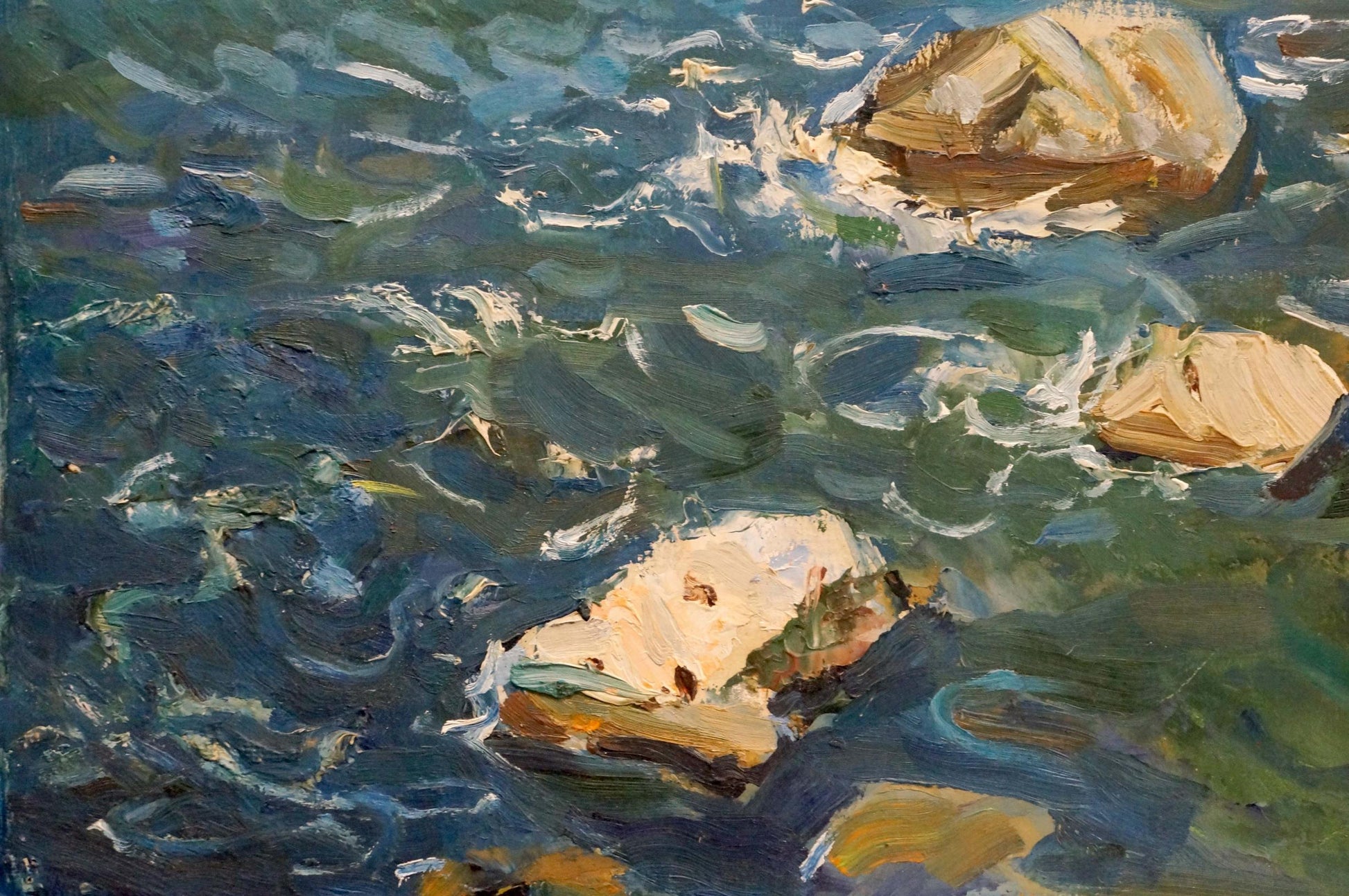 Oil painting Rocky shore Filippov Z.I.: beige tan rocks in blue-green water