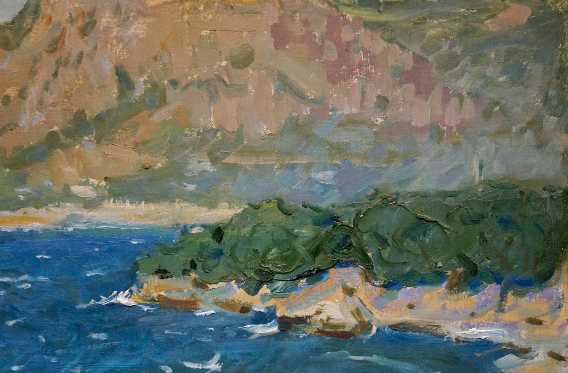 Oil painting Rocky shore by Filippov Z.I. with vibrant blue water and cliffs