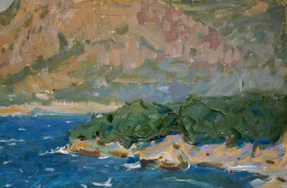 Oil painting Rocky shore by Filippov Z.I. with vibrant blue water and cliffs