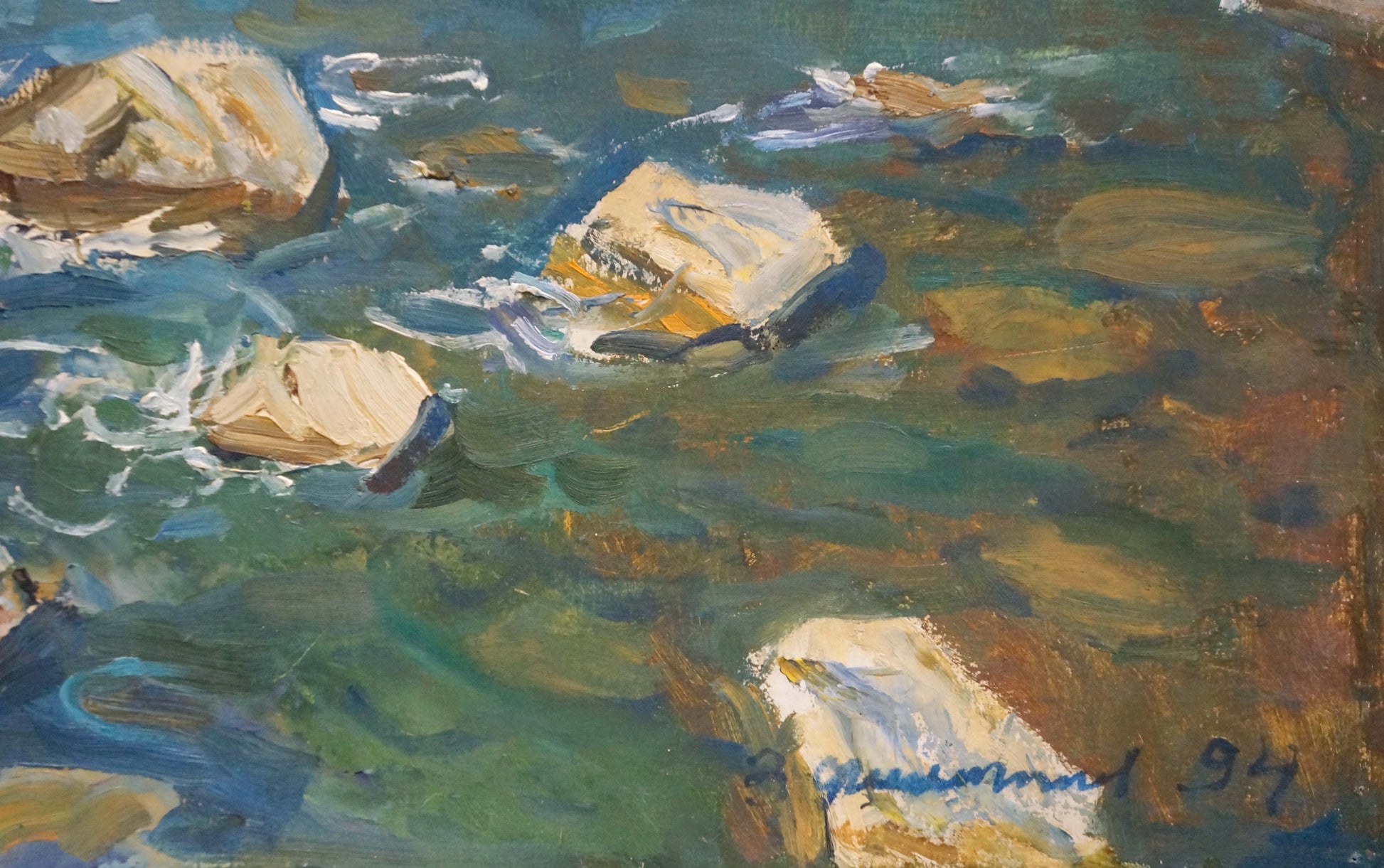Impressionistic oil painting of rocky shore in turquoise water by Filippov Z.I., 1947