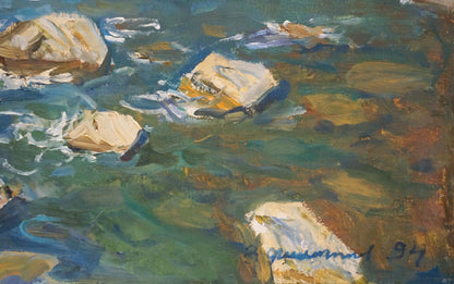 Impressionistic oil painting of rocky shore in turquoise water by Filippov Z.I., 1947