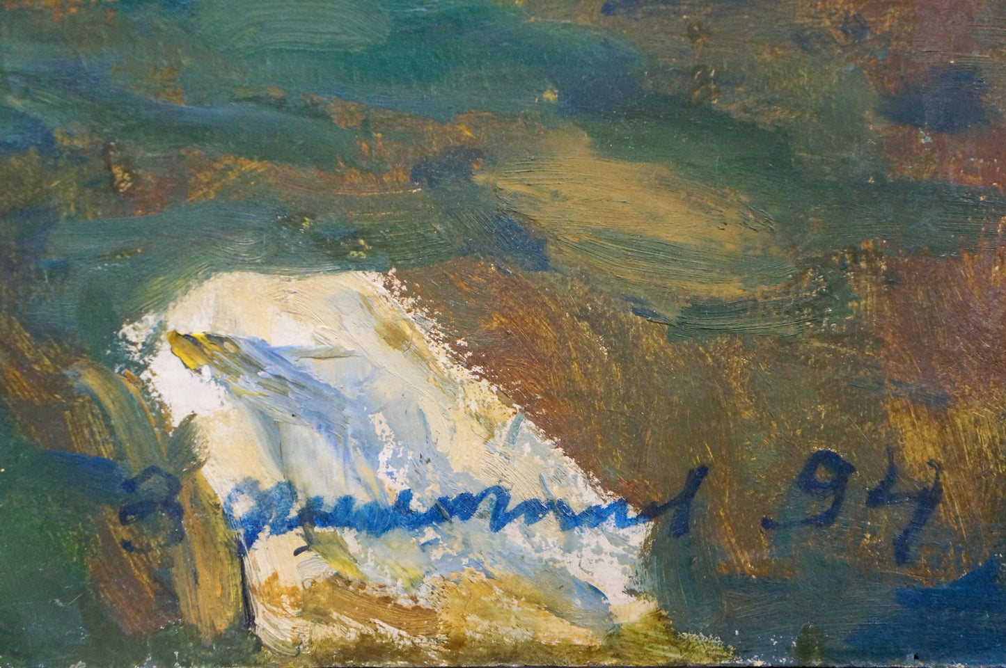 Oil painting Rocky shore by Filippov Z.I., textured white seashell, 1994