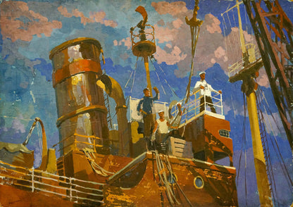Vibrant oil painting of vintage steamship Sailors go by Kordonsky Martin-Vigdor Leibovich