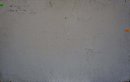 Back of Evening on the Volga oil painting by Kobylenkov Mikhail Vasilievich, plain off-white wall with faint handwritten text