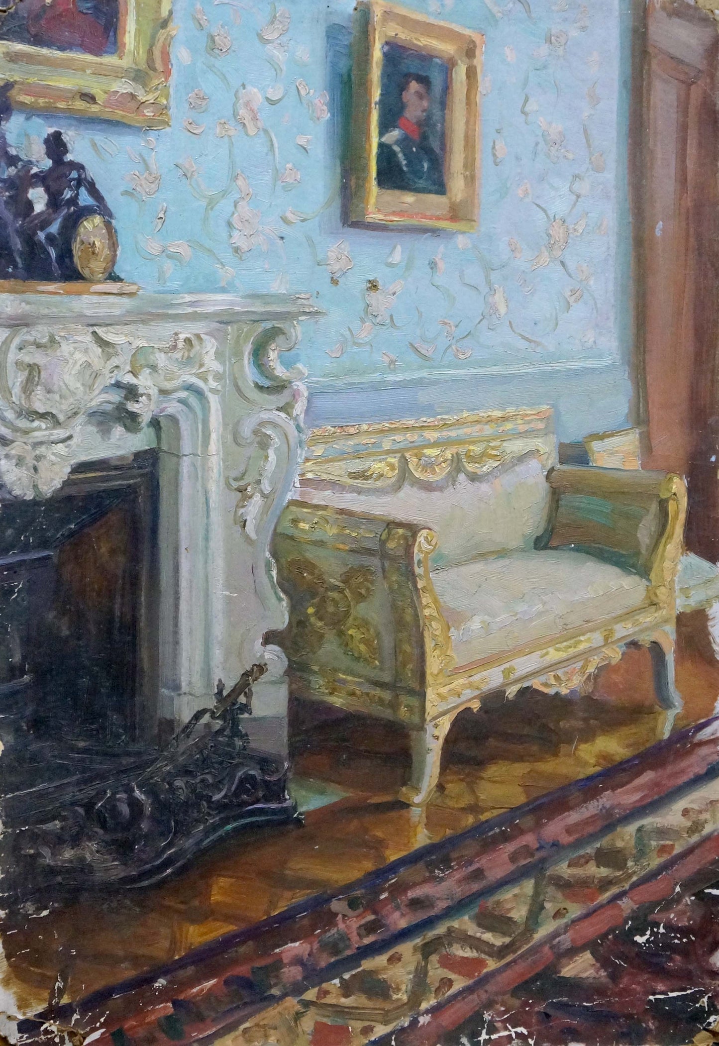 Oil painting of royal room with gold-accented ornate sofa by white marble fireplace