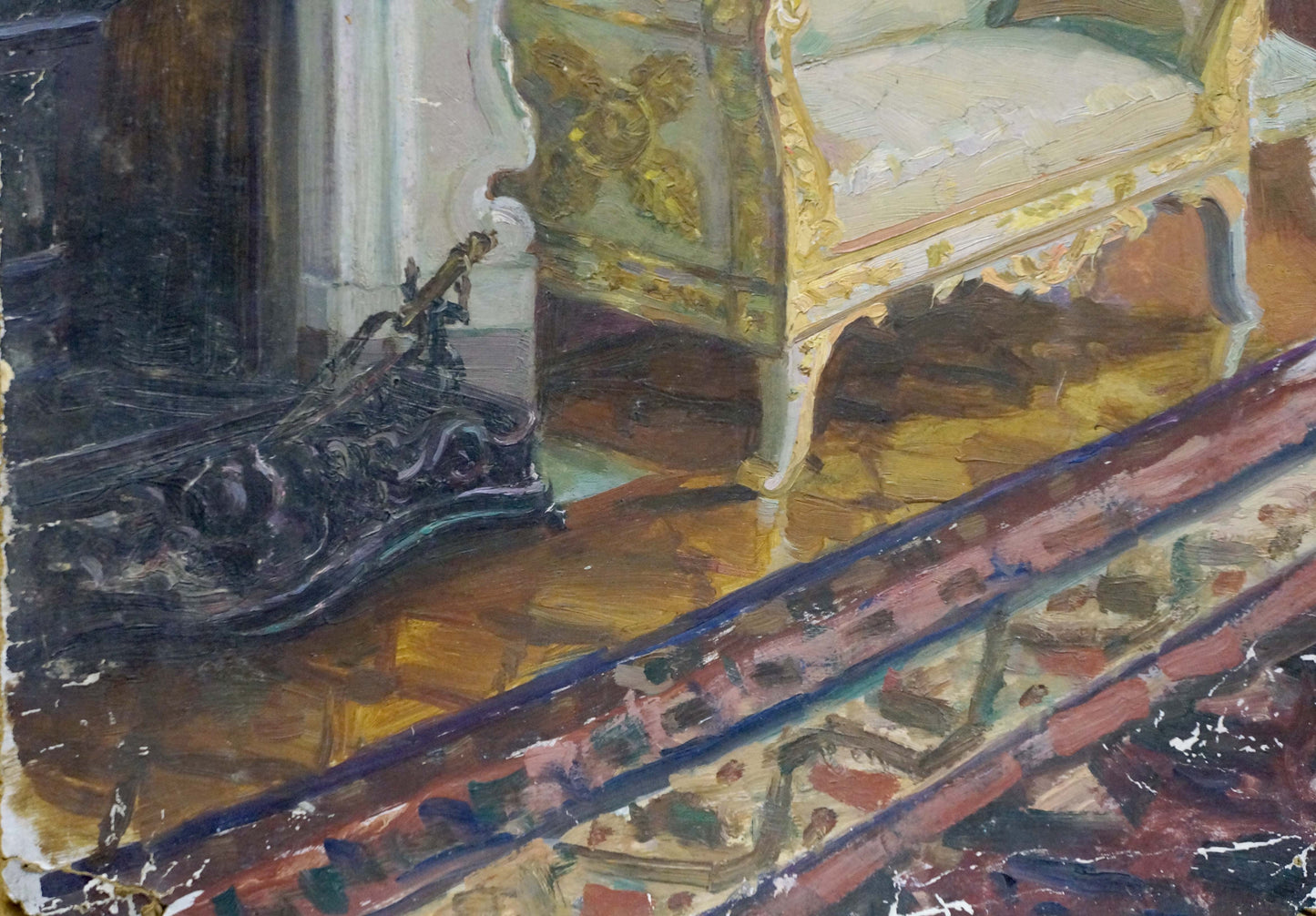 Oil painting of ornate gold-framed armchair in royal room