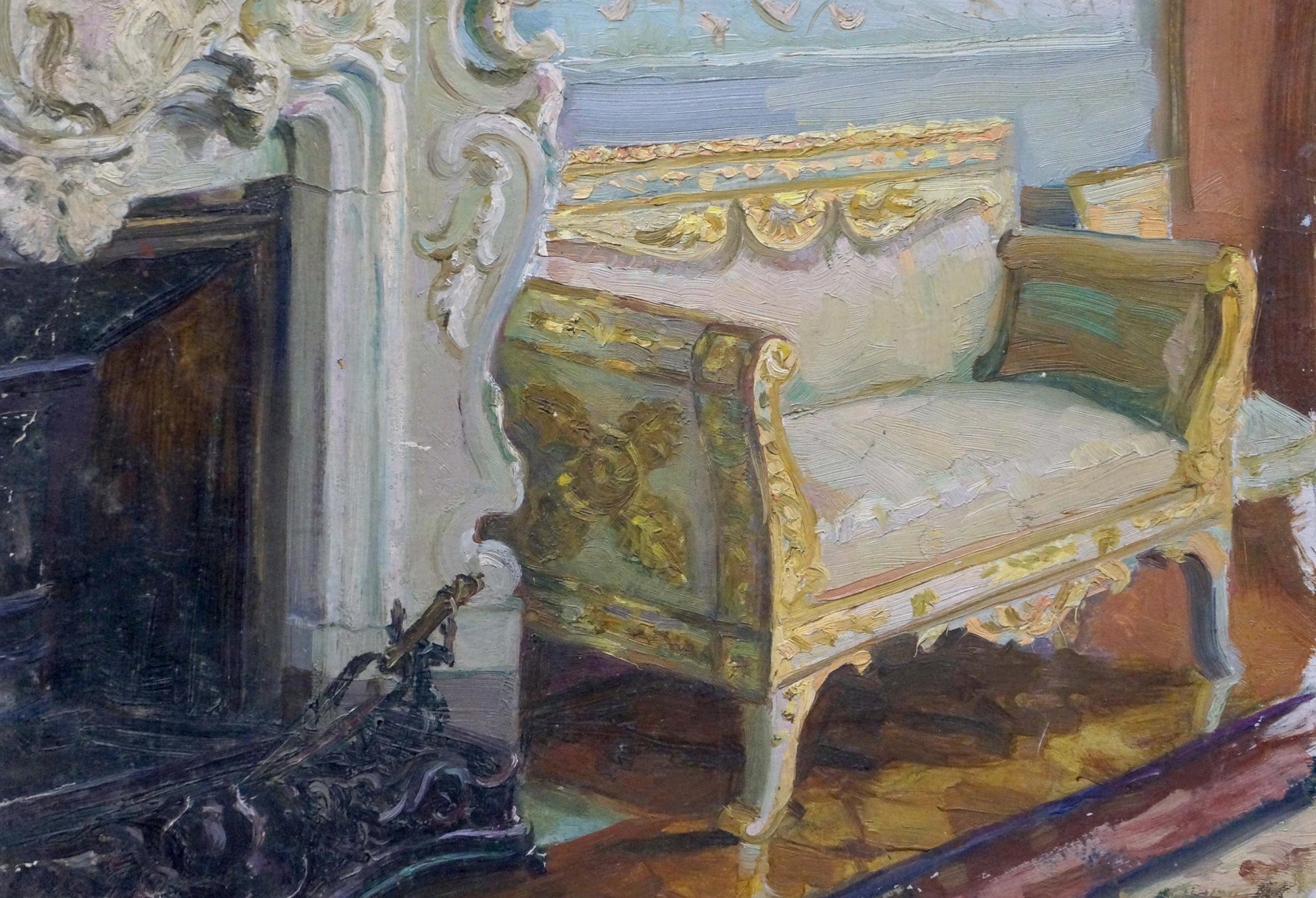 Oil painting Royal room: ornate gold bench with light green cream fabric carvings