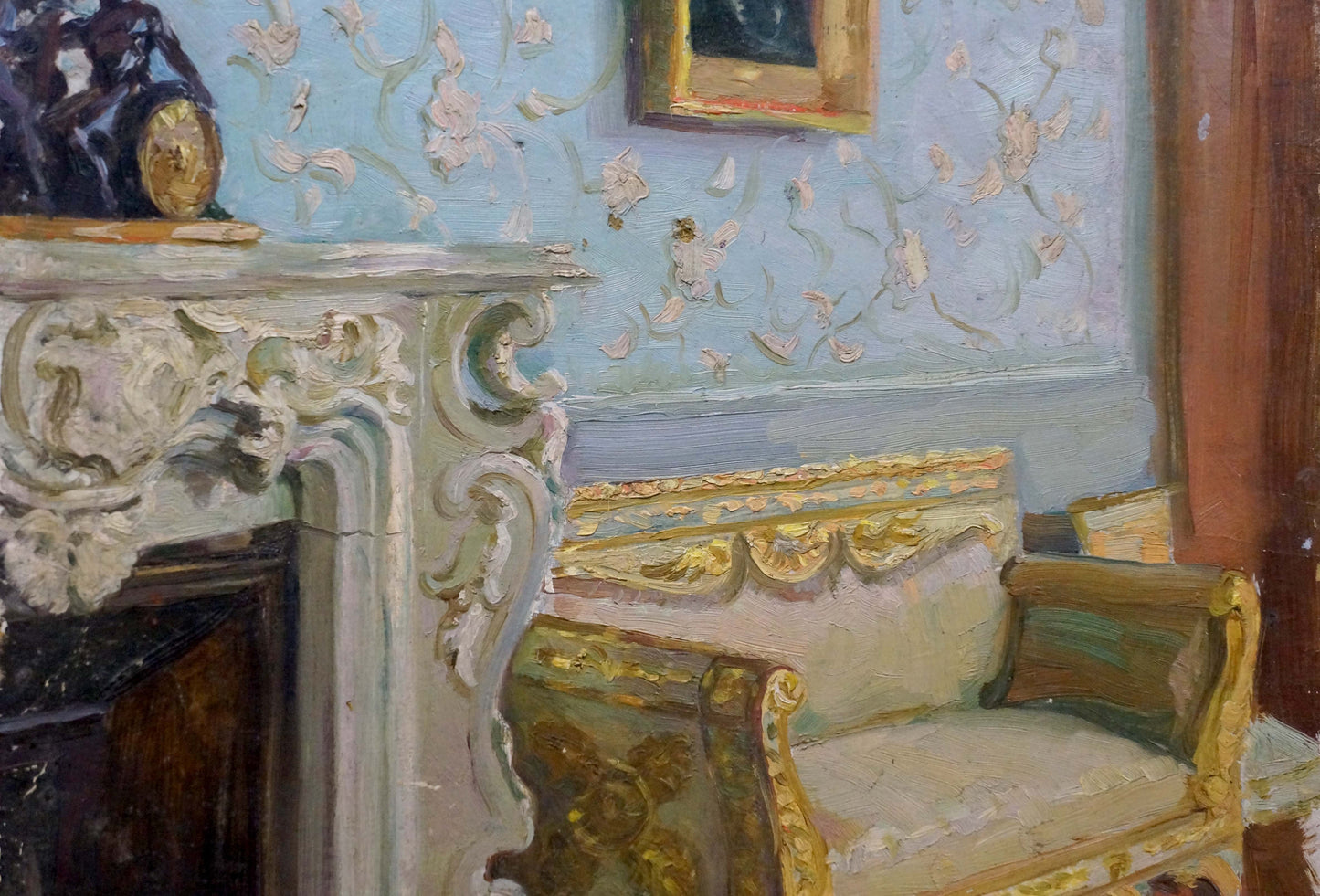 Oil painting of ornate white marble fireplace mantel with gilded clock in royal room