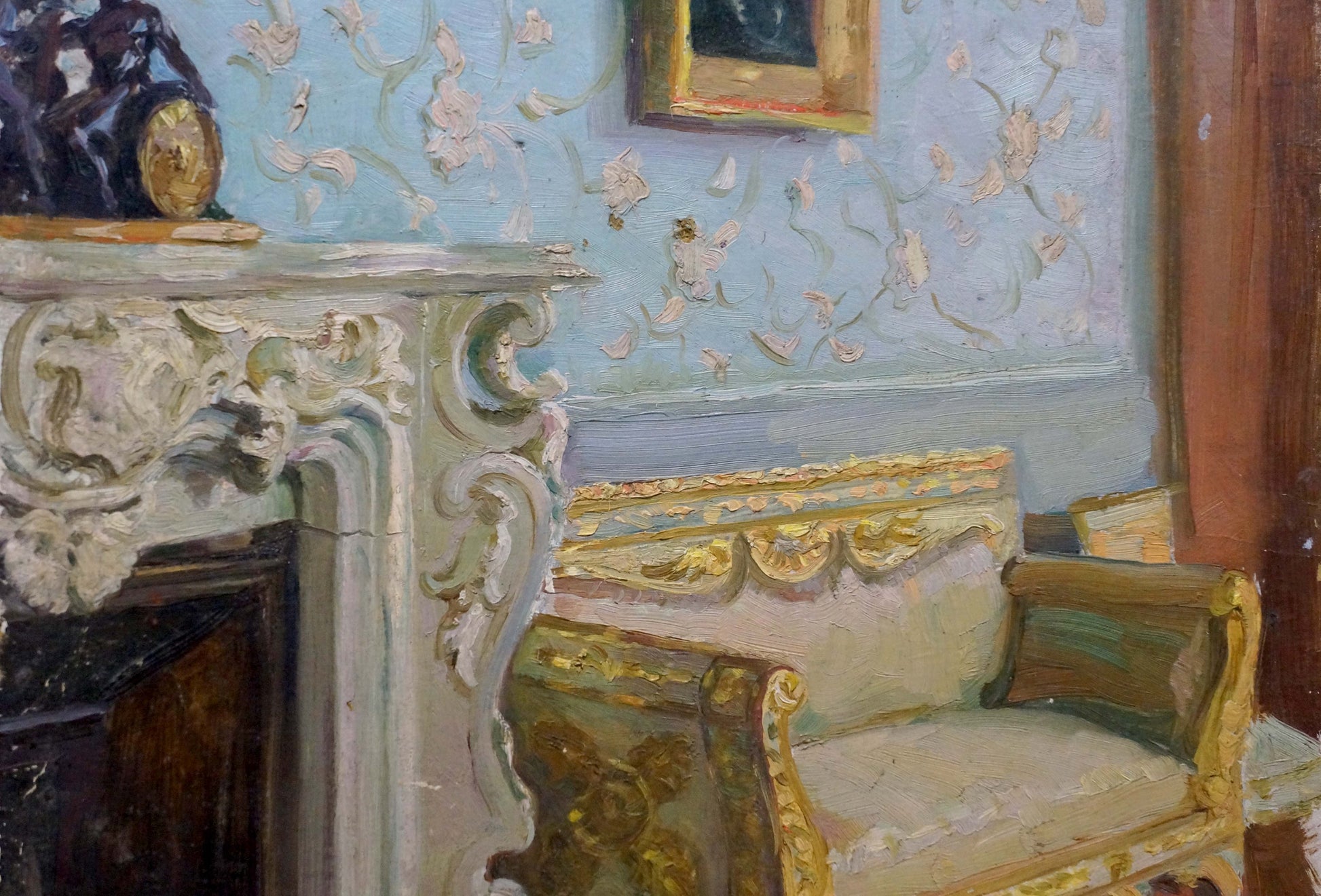 Oil painting of ornate white marble fireplace mantel with gilded clock in royal room
