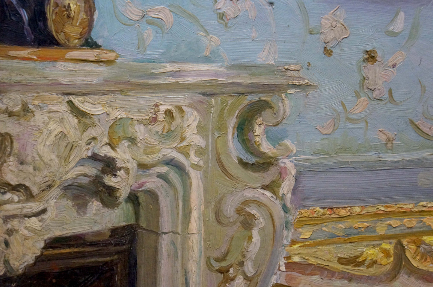 Oil painting of ornate white marble fireplace mantel in royal room