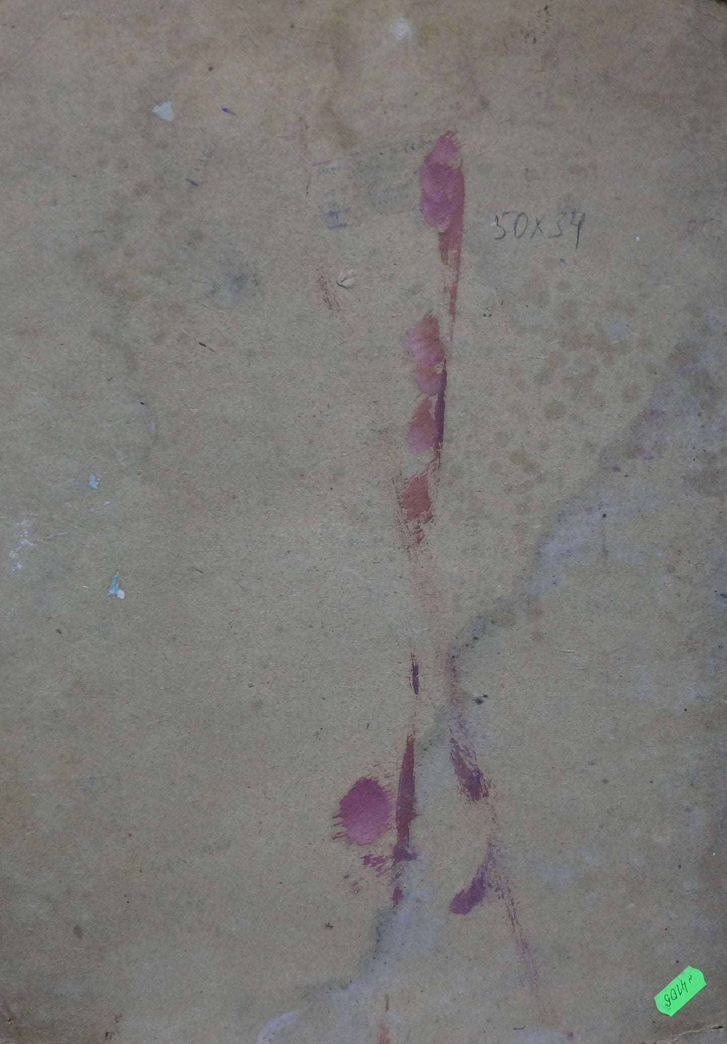 Back of Oil painting Royal room: faded beige canvas with pink streak and handwritten measurements