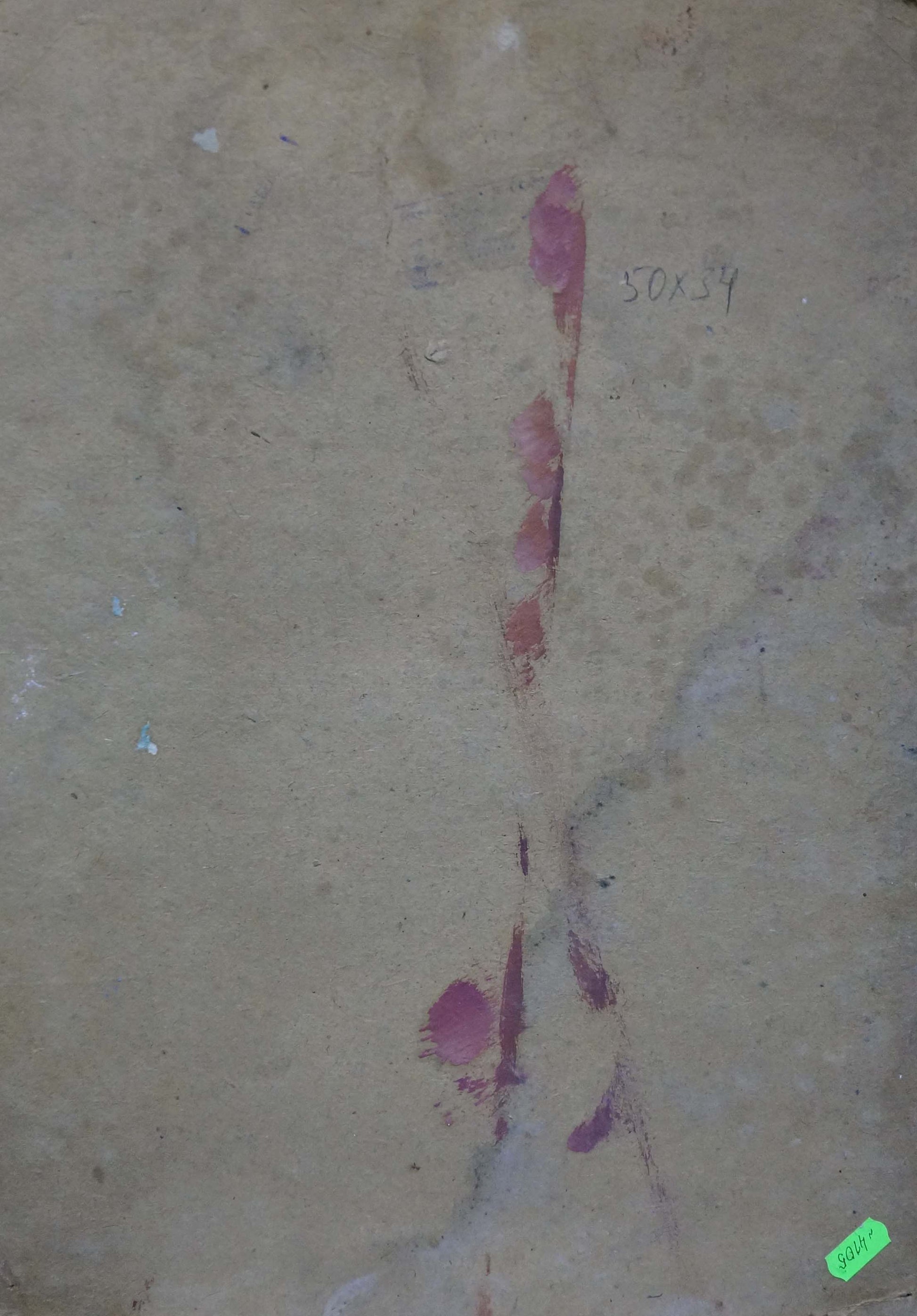Back of Oil painting Royal room: faded beige canvas with pink streak and handwritten measurements