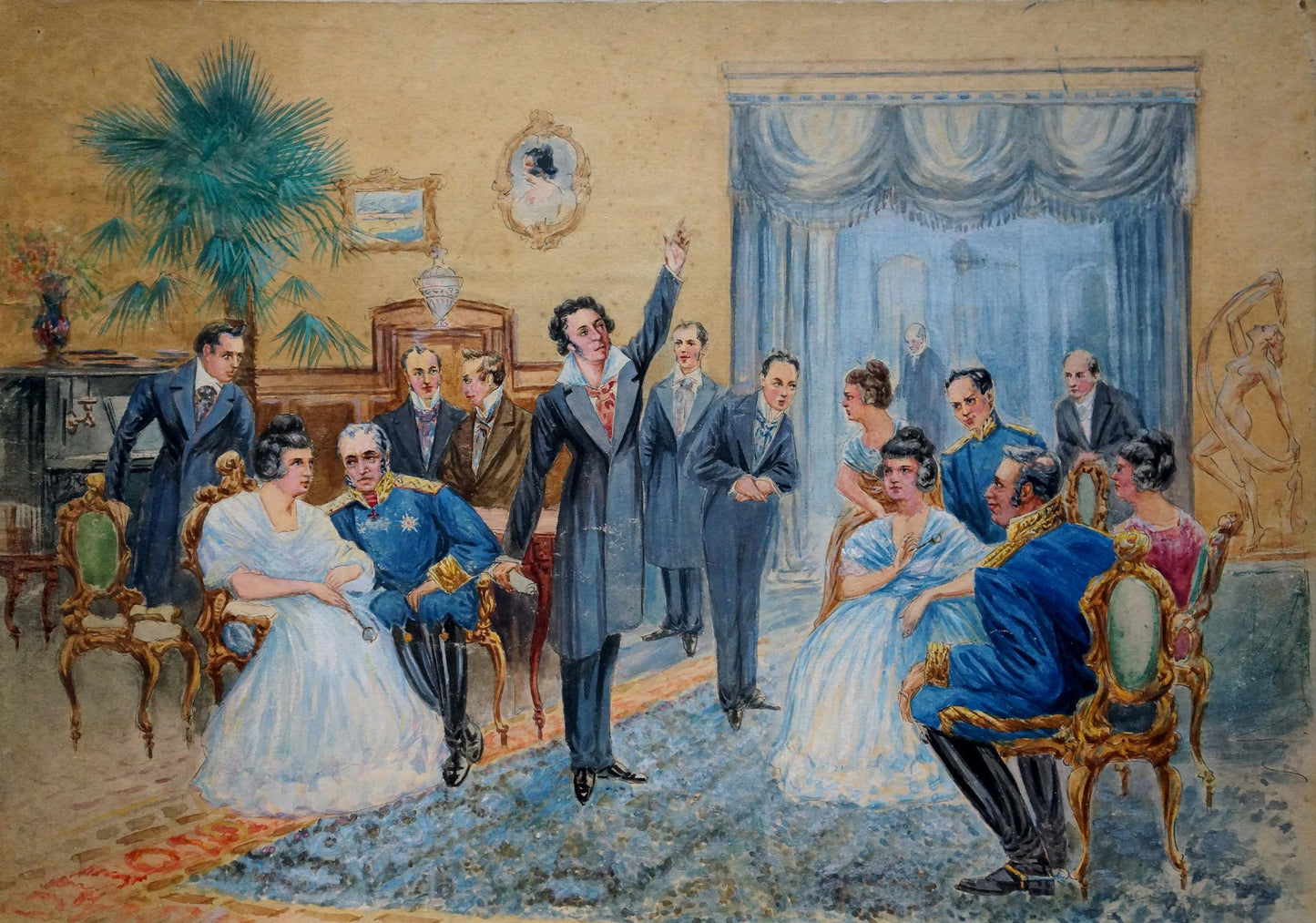 Watercolor painting by Yelena Petrovna Samokish-Sudkovskaya of noble 19th-century gathering