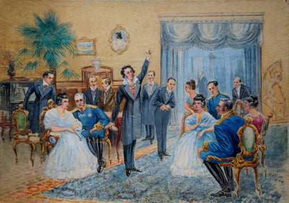 Watercolor painting by Yelena Petrovna Samokish-Sudkovskaya of noble 19th-century gathering
