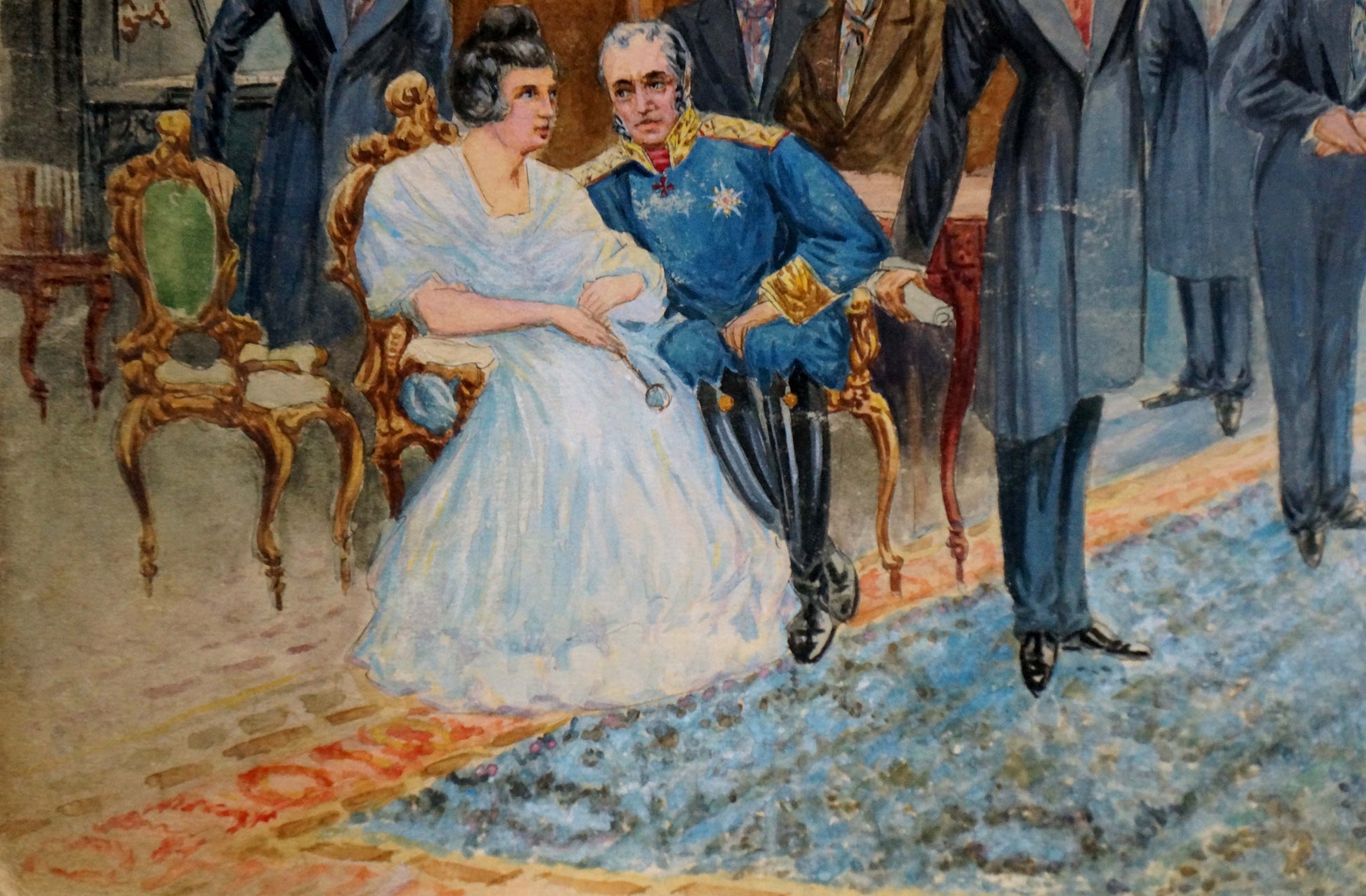Painting by Yelena Petrovna Samokish-Sudkovskaya: noblewoman in light blue gown beside officer in royal blue uniform