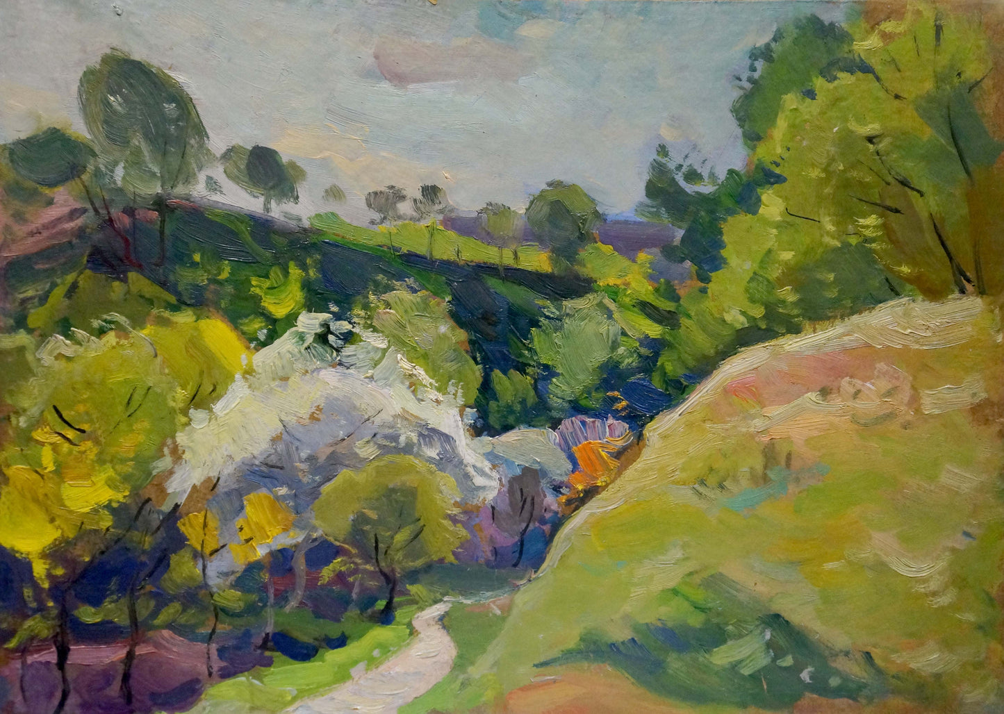Vibrant impressionist oil painting by Buryachok Nikolay Ivanovich of sunlit countryside