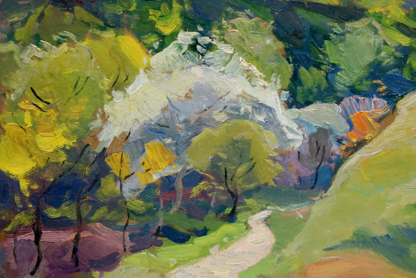 Vibrant impressionist oil painting by Buryachok Nikolay Ivanovich of winding path through lush colorful trees