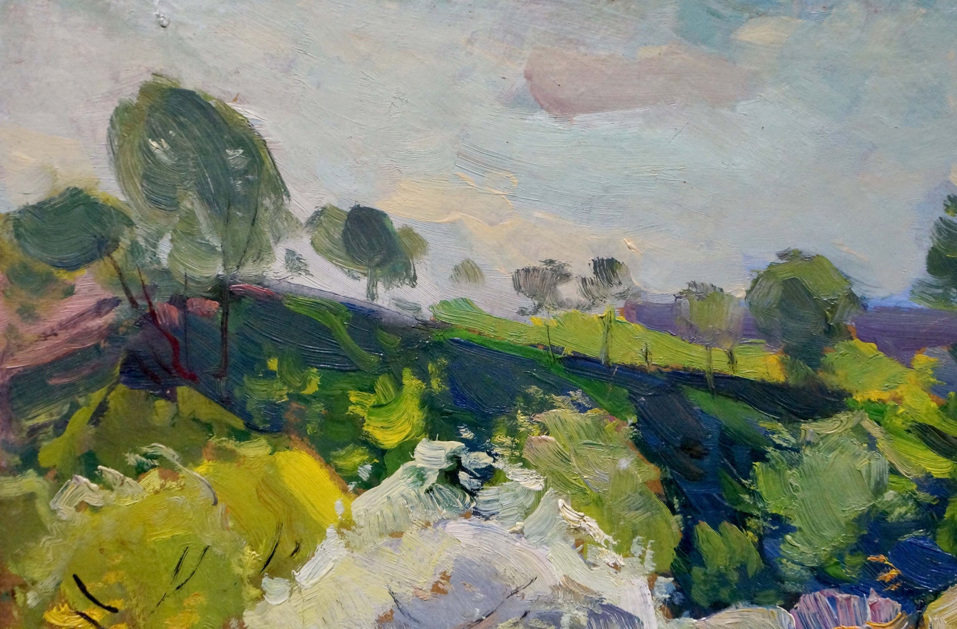 Vibrant impressionist oil painting by Buryachok Nikolay Ivanovich: lush green hills, trees, pastel sky