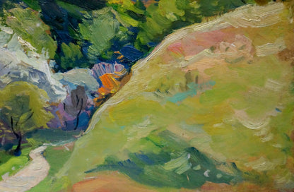 Vibrant impressionist oil painting by Buryachok Nikolay Ivanovich of sunlit hillside