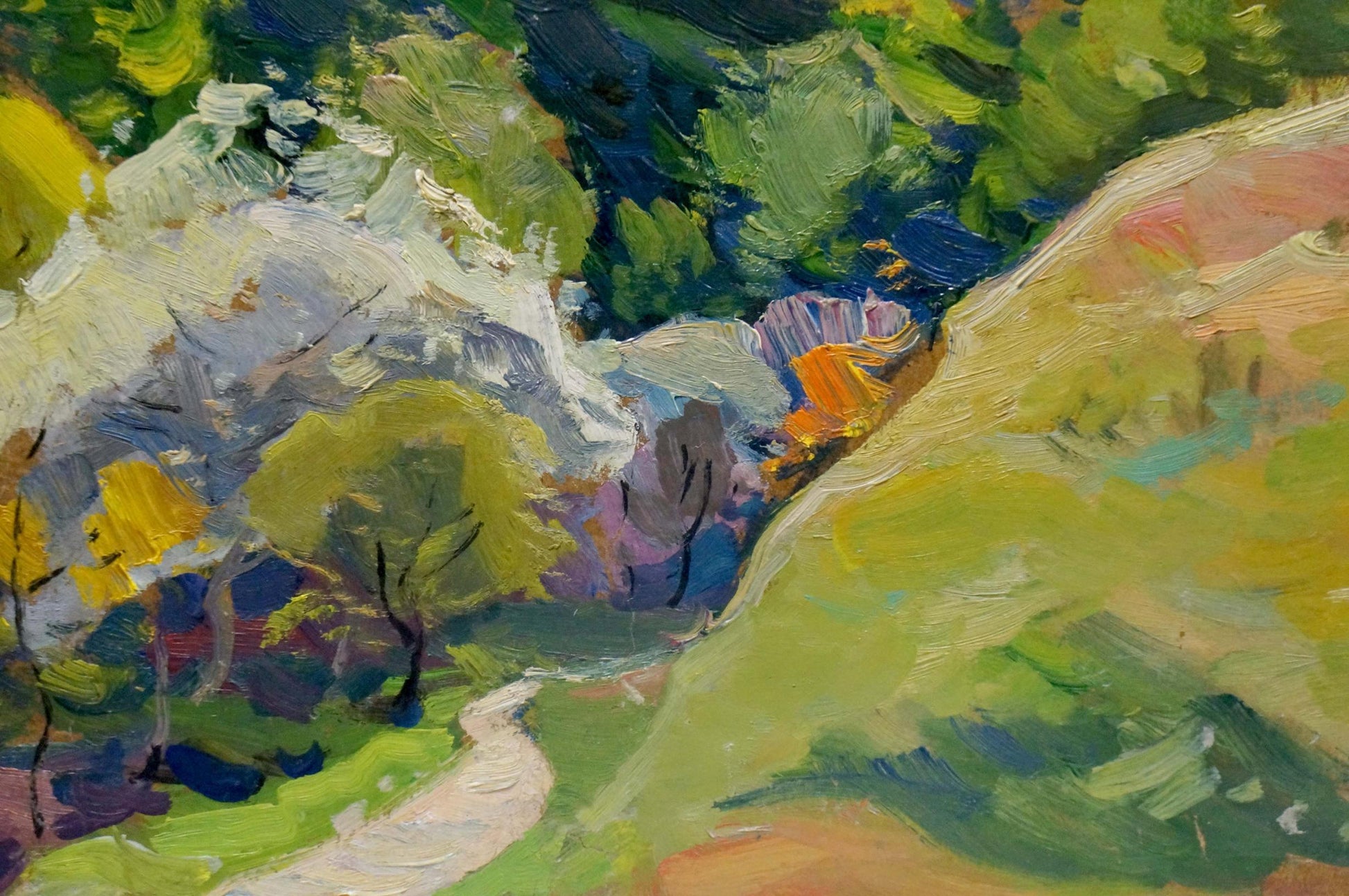 Vibrant impressionist oil painting by Buryachok Nikolay Ivanovich of winding path through lush hills
