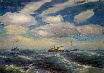 Textured oil painting of ships sailing choppy seas by unknown artist
