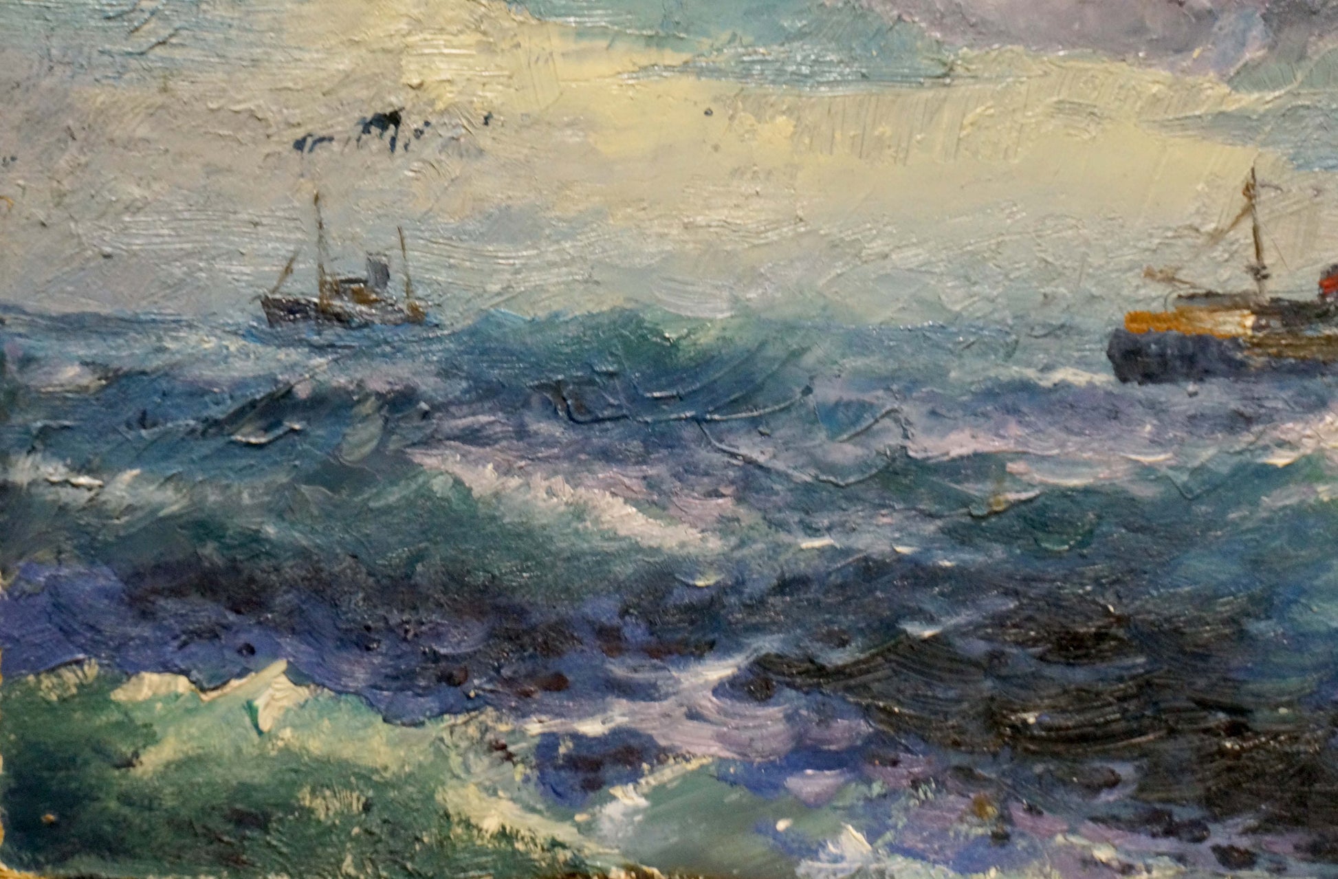 Oil painting of ships sailing turbulent sea by unknown artist