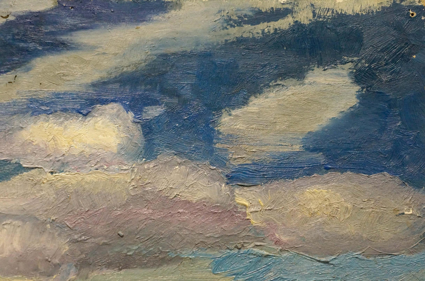 Textured oil painting of ships sailing sea under impasto blue sky and beige clouds