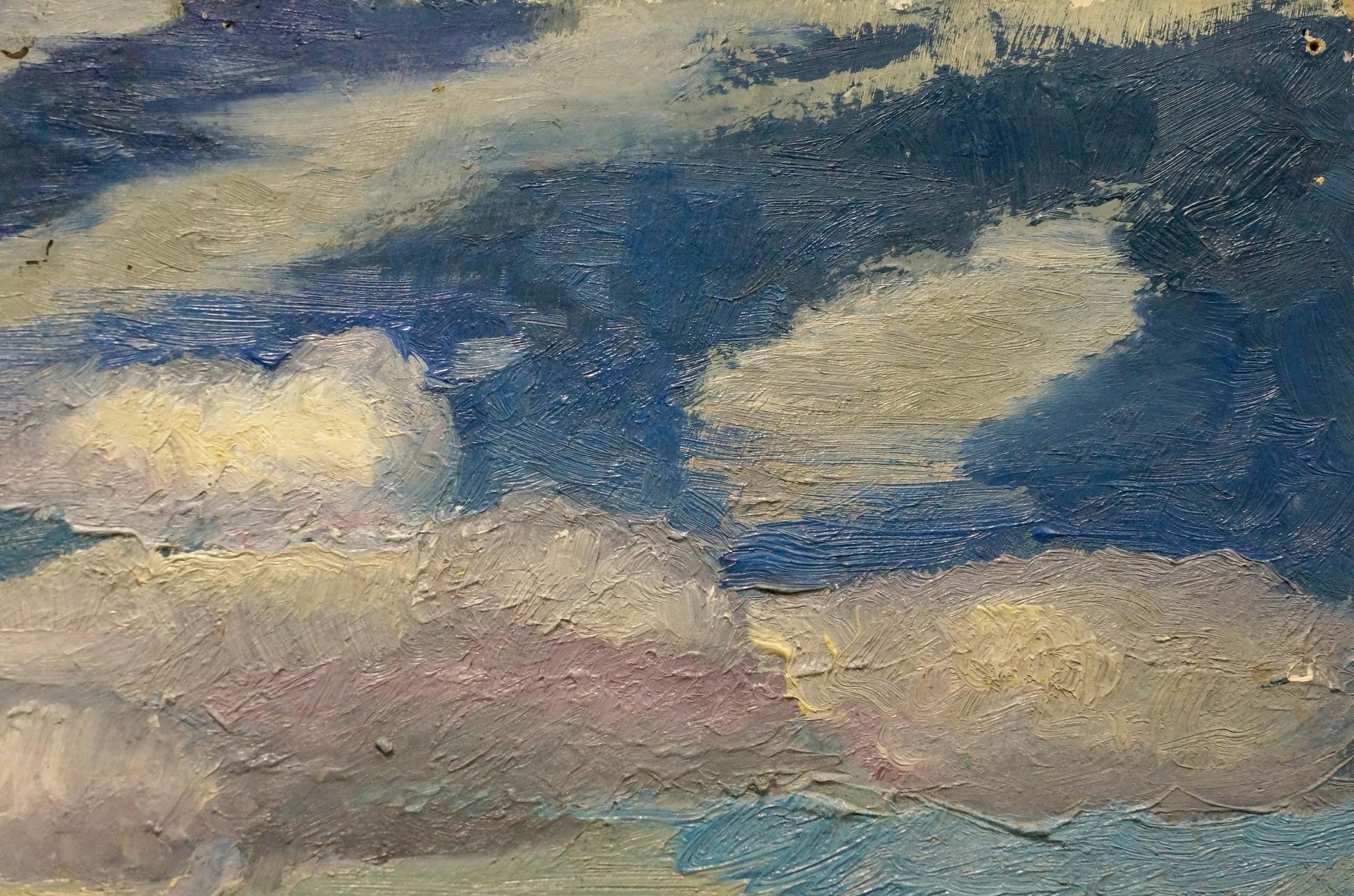 Textured oil painting of ships sailing sea under impasto blue sky and beige clouds