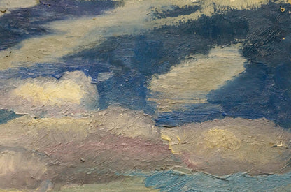 Textured oil painting of ships sailing sea under impasto blue sky and beige clouds