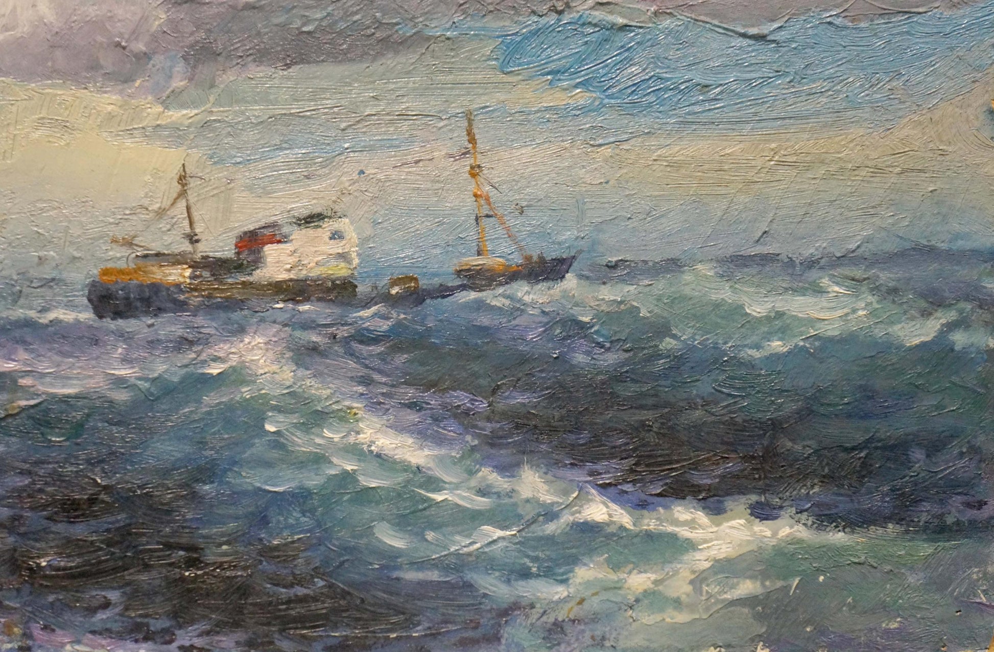 Textured oil painting of ships sailing turbulent blue ocean waves by unknown artist