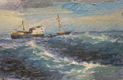 Textured oil painting of ships sailing turbulent blue ocean waves by unknown artist