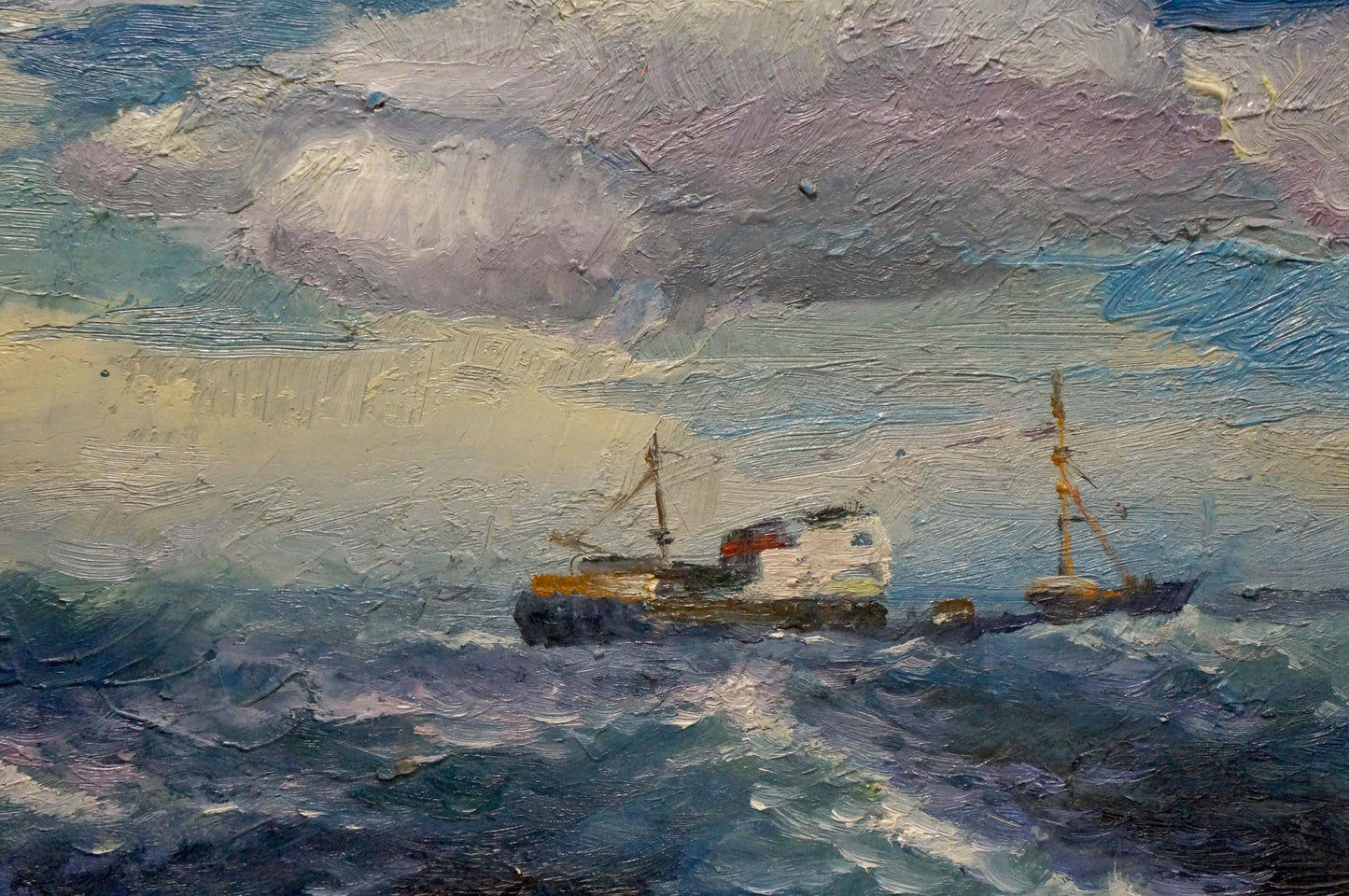 Oil painting of ships sailing choppy seas by unknown artist