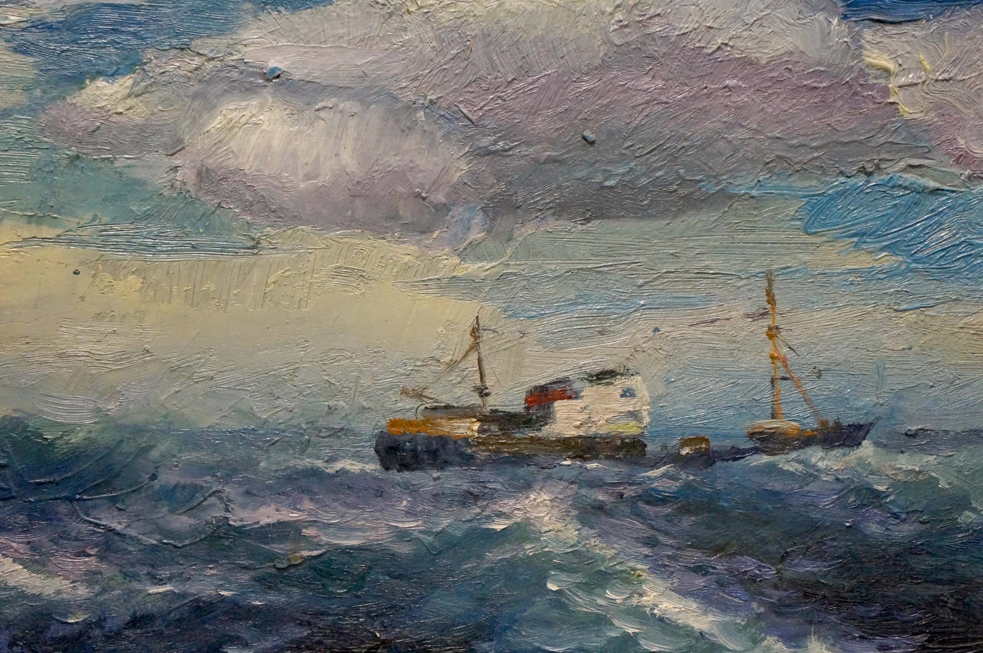 Oil painting of ships sailing choppy seas by unknown artist