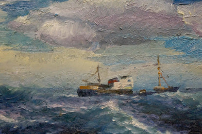 Oil painting of ships sailing choppy seas by unknown artist