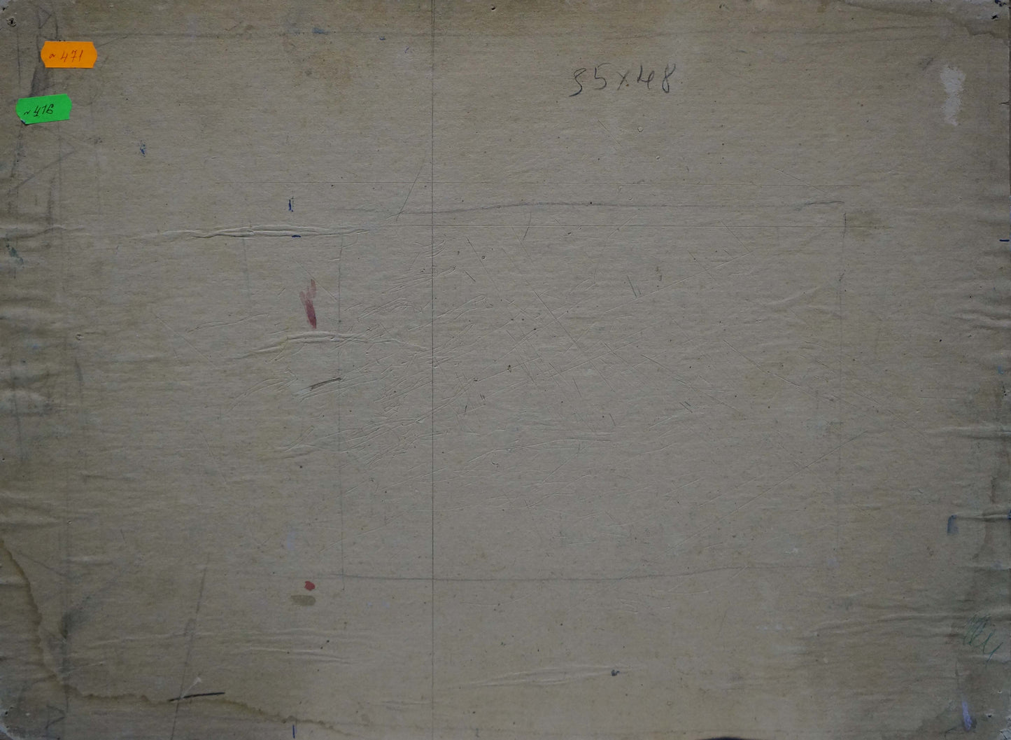 Back of oil painting Ships sail on the sea with worn beige canvas grid and markings