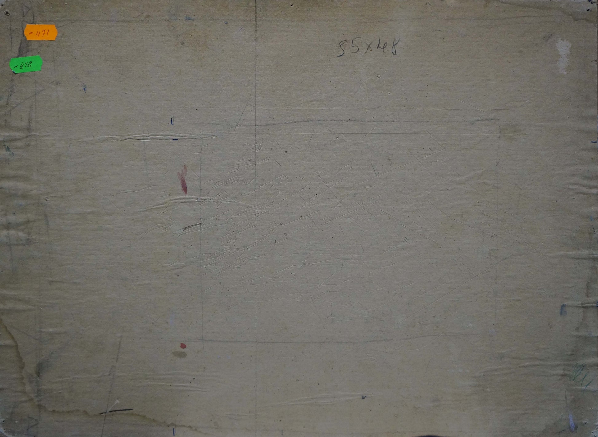 Back of oil painting Ships sail on the sea with worn beige canvas grid and markings