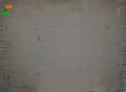 Back of oil painting Ships sail on the sea with worn beige canvas grid and markings