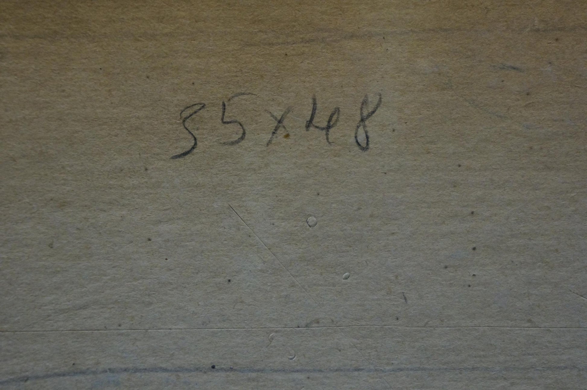 Back of oil painting Ships sail on the sea with 55x48 inch handwritten markings on beige surface