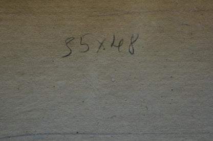 Back of oil painting Ships sail on the sea with 55x48 inch handwritten markings on beige surface