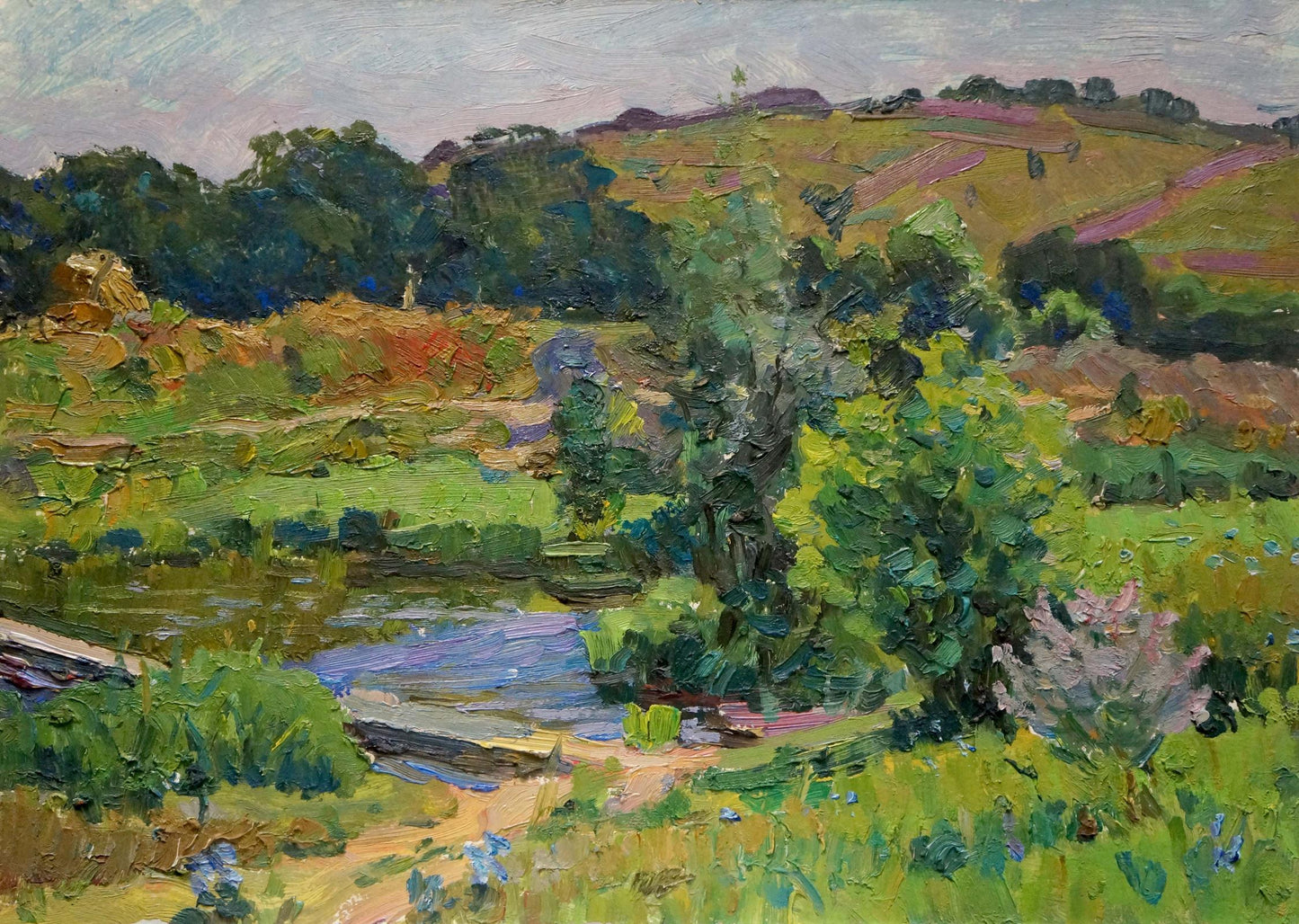 Vibrant impressionist oil landscape by Stepan Filippovich Golub with green fields, river, hills