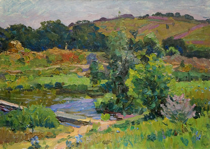 Vibrant impressionist oil landscape by Stepan Filippovich Golub with green fields, river, hills