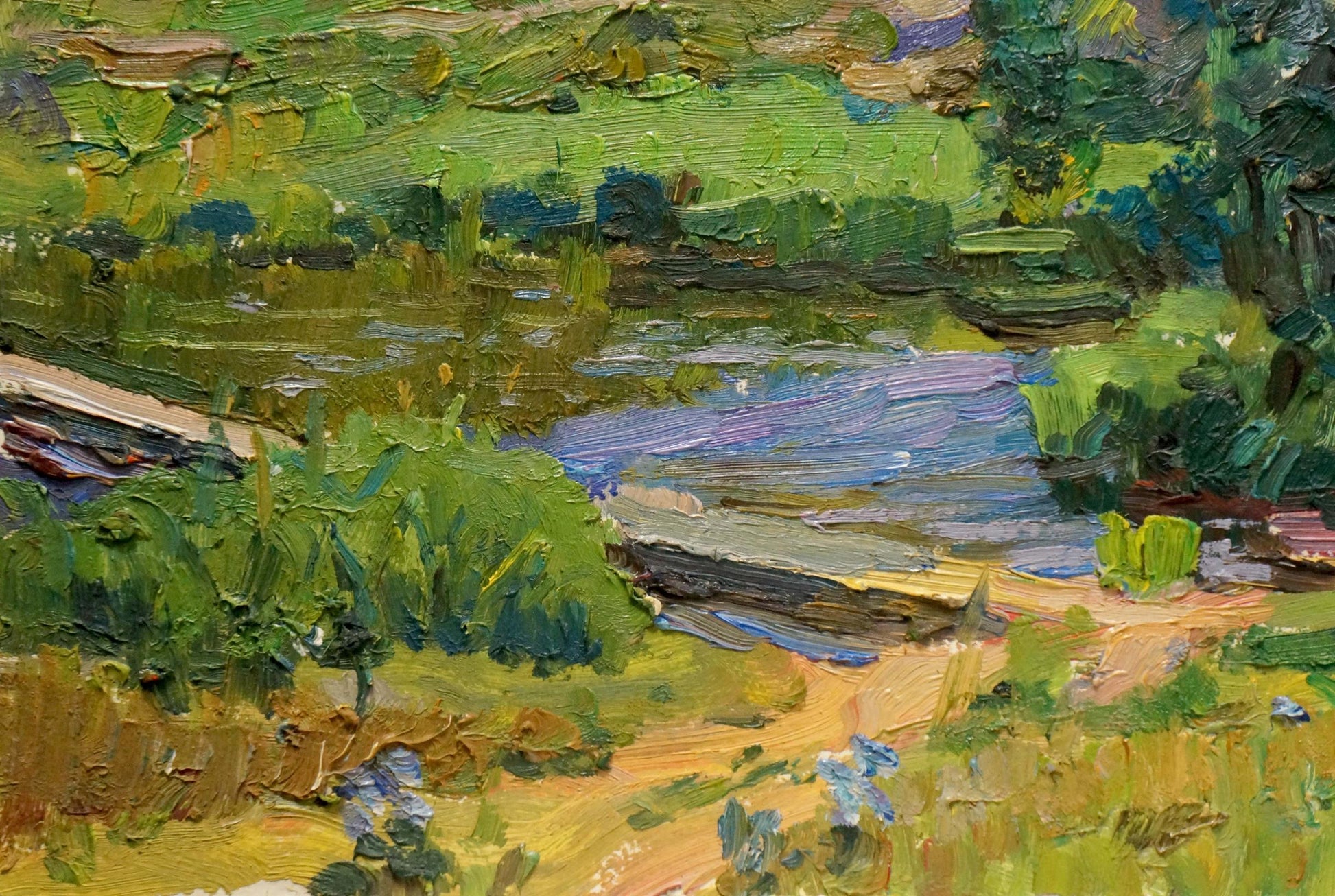 Vibrant impressionist oil painting of lush green landscape with river by Stepan Filippovich Golub