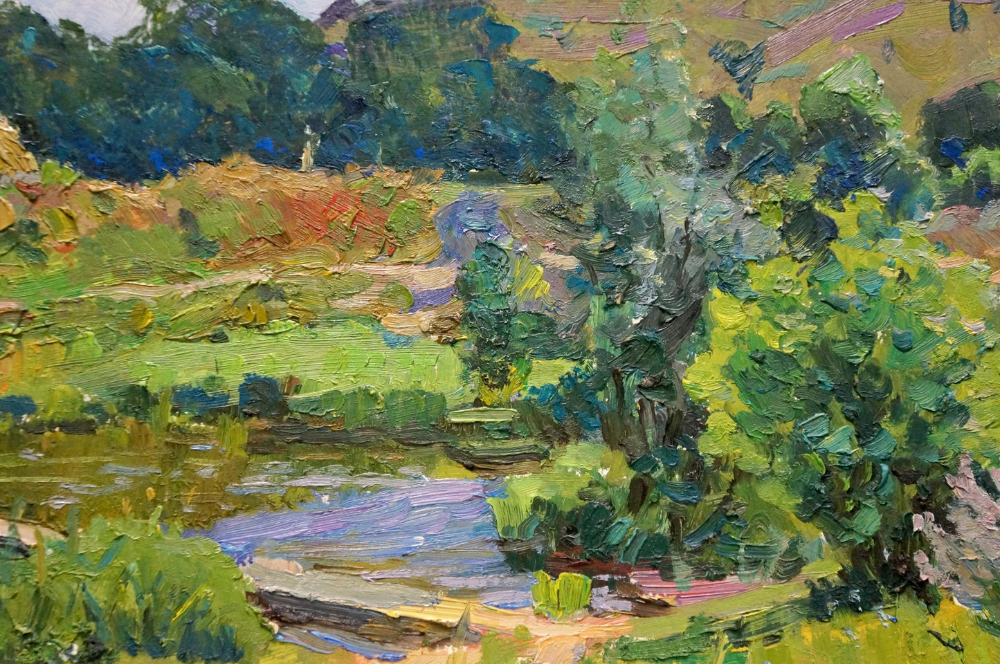 Vibrant oil landscape by Stepan Filippovich Golub with lush trees and river