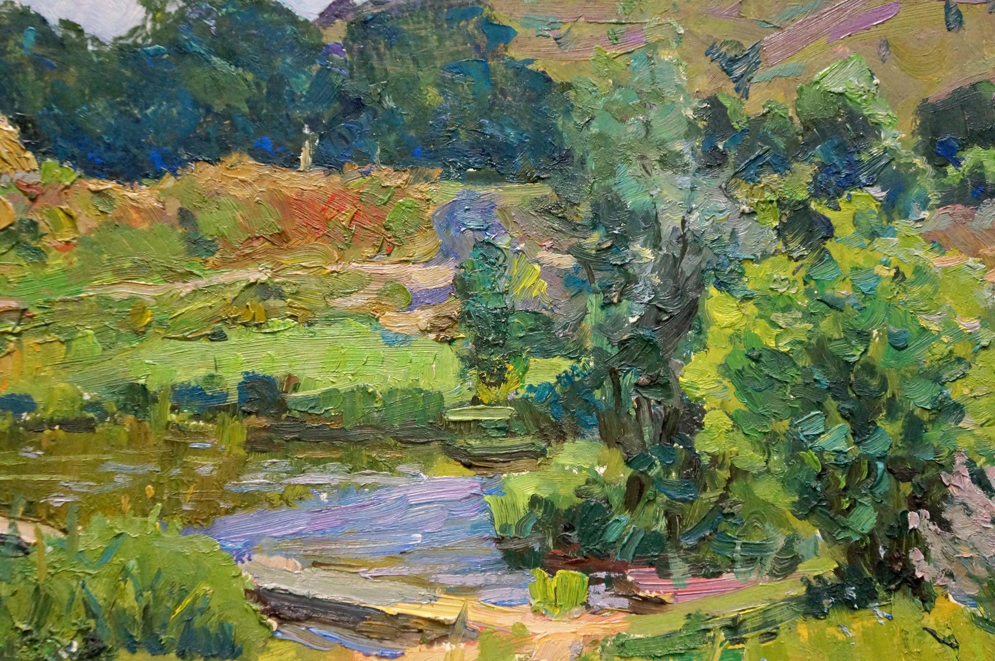 Vibrant oil landscape by Stepan Filippovich Golub with lush trees and river